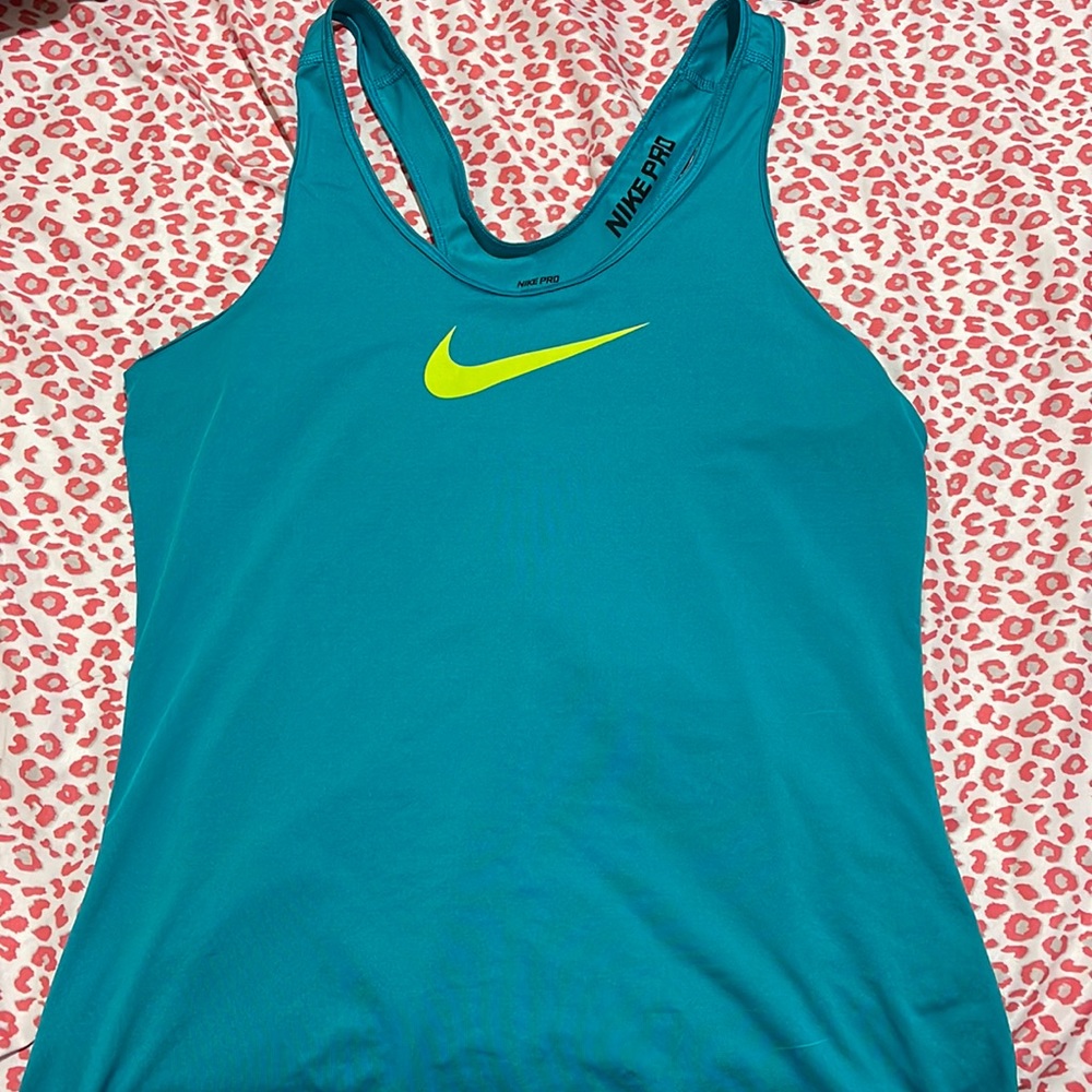 Nike Pro Teal Blue and Neon Green logo Racerback tank top large